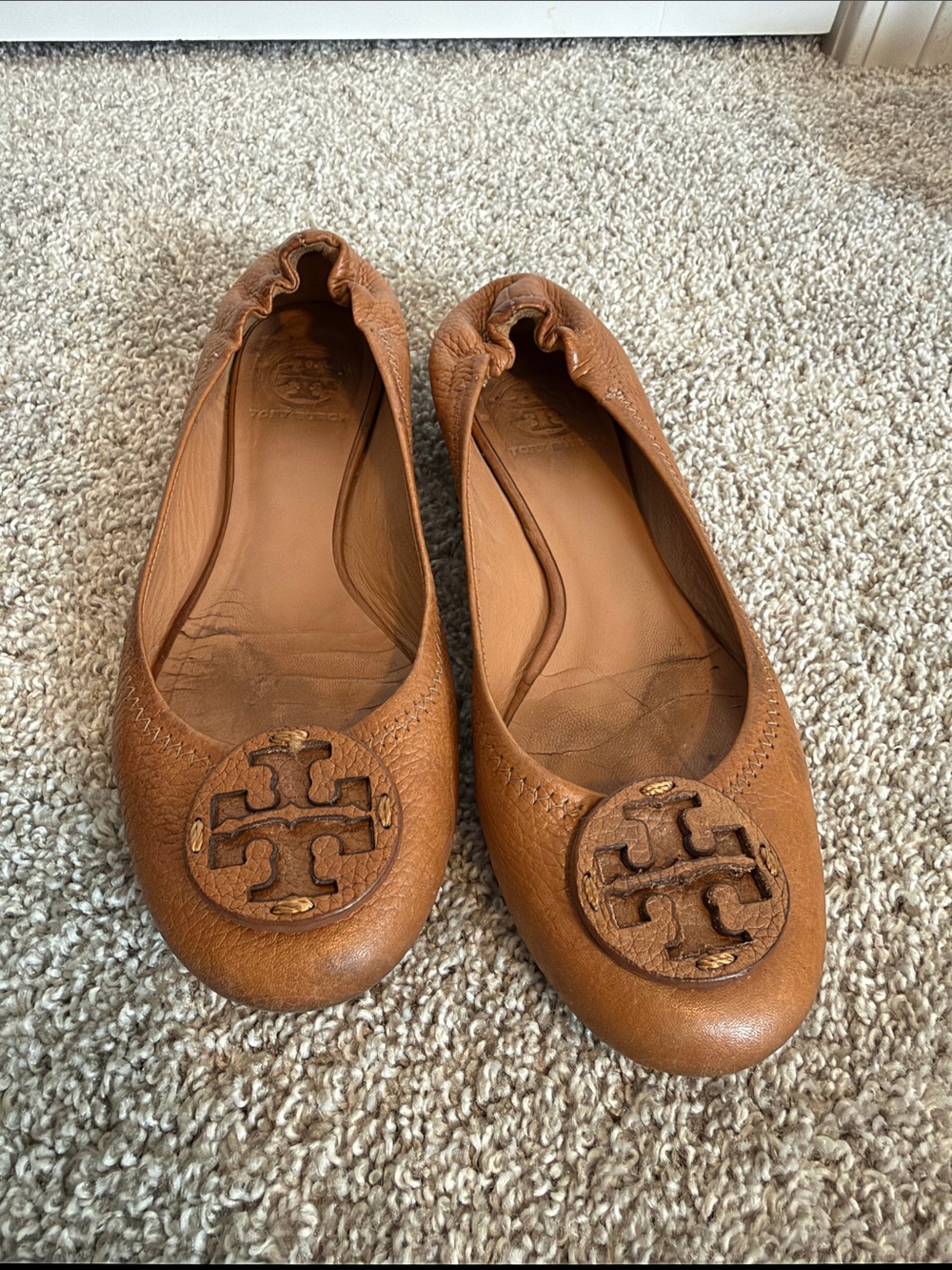 Tory Burch Tan Leather Logo Ballet Flats